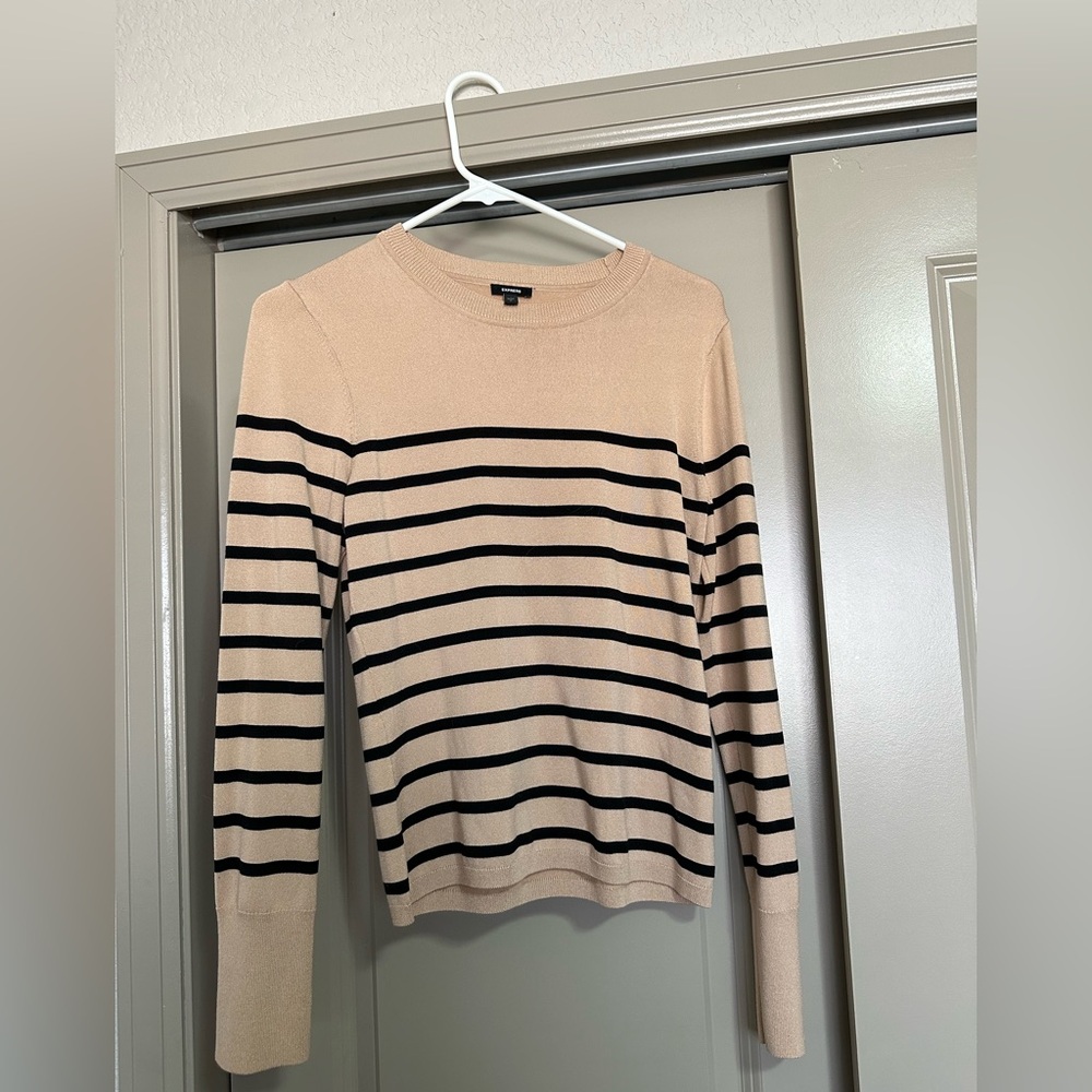 Express Beige and Black Striped Crewneck Sweater